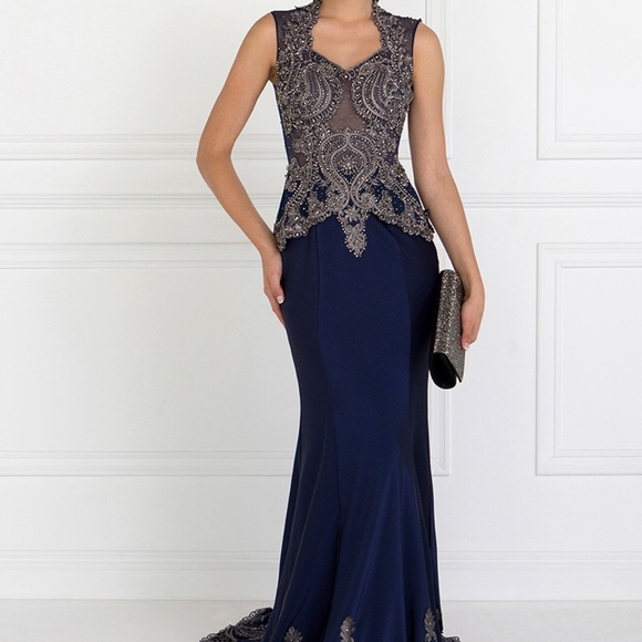MOTHER OF THE BRIDE LONG GOWN DRESS GLS1598 NAVY - Picture 1 of 7